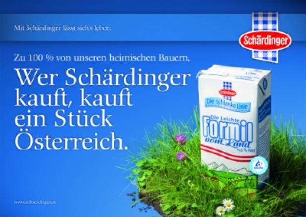 Eine Packung Schärdinger Formil Milch steht im Gras vor blauem Hintergrund.
