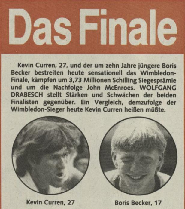 Zeitungsartikel über das Wimbledon-Finale zwischen Kevin Curren und Boris Becker.