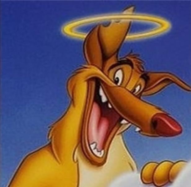 Ein Cartoon-Hund mit Heiligenschein lächelt vor blauem Himmel.