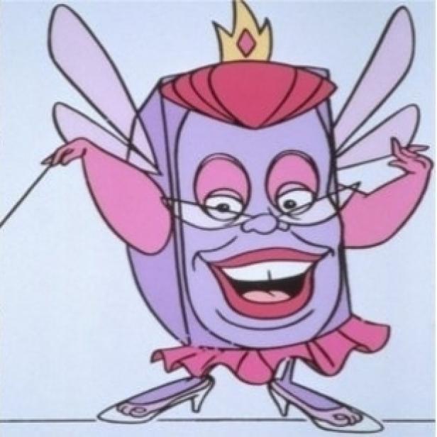 Eine animierte Figur mit Flügeln, Brille und Krone lächelt.