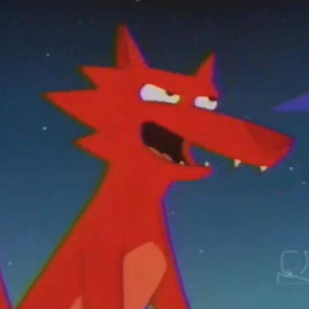 Ein roter Cartoon-Wolf mit geöffnetem Maul und spitzen Zähnen vor einem dunklen Nachthimmel.
