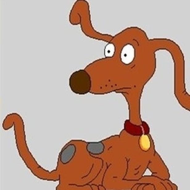 Ein brauner Cartoon-Hund mit einem roten Halsband und einer goldenen Marke.
