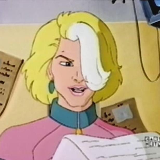 Eine animierte Frau mit blonden Haaren liest ein Dokument.