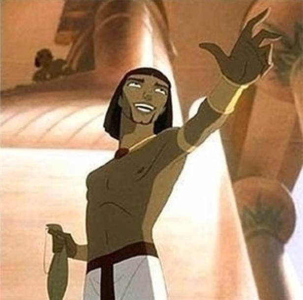 Eine Zeichentrickfigur, vermutlich Moses aus „Der Prinz von Ägypten“, winkt lächelnd.