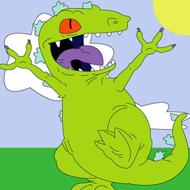 Reptar, eine grüne Cartoon-Figur mit roten Augen, lacht und streckt die Arme aus.