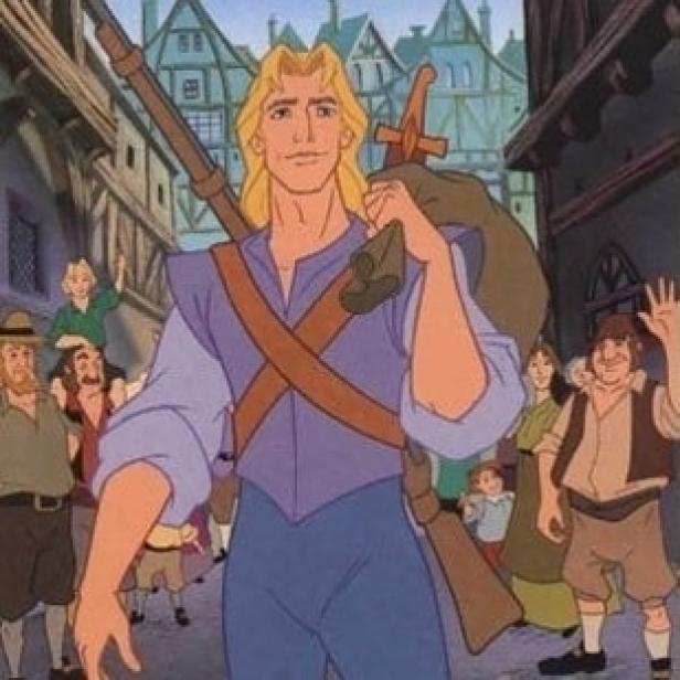 Ein animierter junger Mann mit blonden Haaren und Gewehr steht in einer mittelalterlichen Stadt.