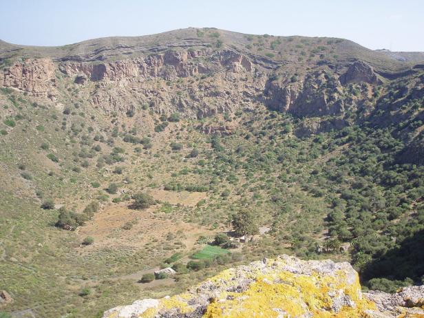 Blick in einen grünen Krater mit Felswänden und spärlicher Vegetation.