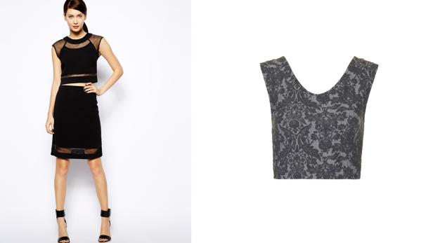 Eine Frau in einem schwarzen zweiteiligen Outfit mit transparenten Einsätzen und schwarzen Sandalen. Daneben ein graues Oberteil mit Blumenmuster.