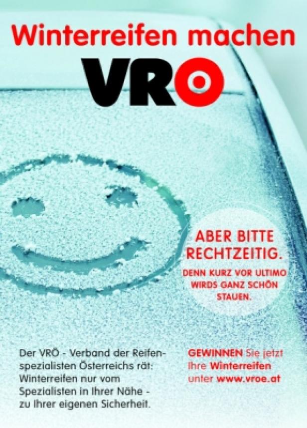 Verband der Reifenspezialisten Österreichs/frischblut Eine gefrorene Windschutzscheibe mit einem Smiley und dem Hinweis auf Winterreifen von VRÖ.