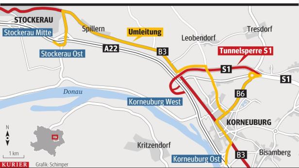 Eine Karte, die die Tunnelsperre S1 bei Stockerau und Korneuburg sowie eine Umleitung zeigt.