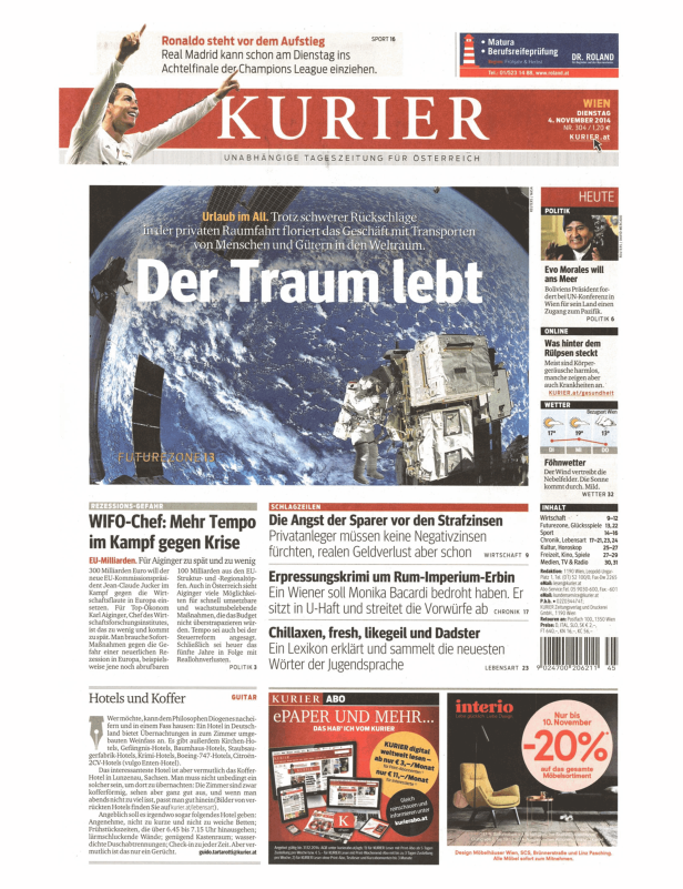 Titelseite des Kurier vom 4. November 2014 mit Nachrichten über Wirtschaft, Politik und Sport.