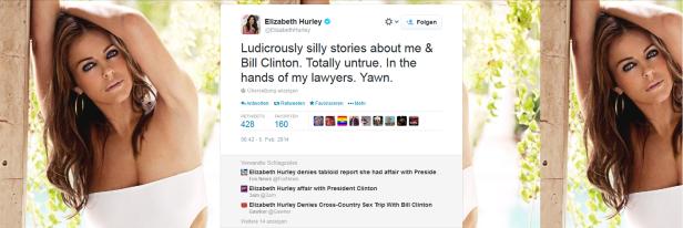 Elizabeth Hurley posiert mit goldenen Ohrringen und braunen Haaren.