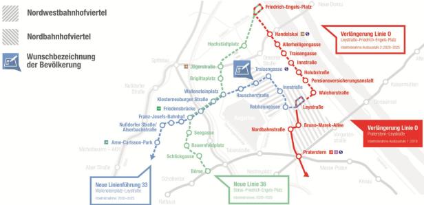 Ein Übersichtsplan der geplanten neuen Linienführungen und Erweiterungen im öffentlichen Nahverkehr von Wien.