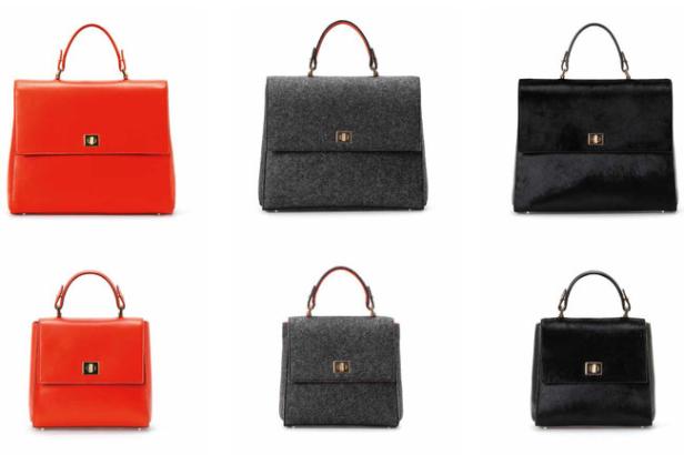 Eine Collage von sechs Handtaschen in Orange, Grau und Schwarz vor einem weißen Hintergrund.