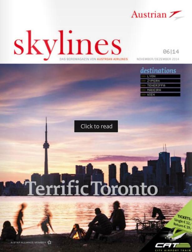 Das Cover des „Skylines“-Bordmagazins von Austrian Airlines zeigt Toronto bei Sonnenuntergang.