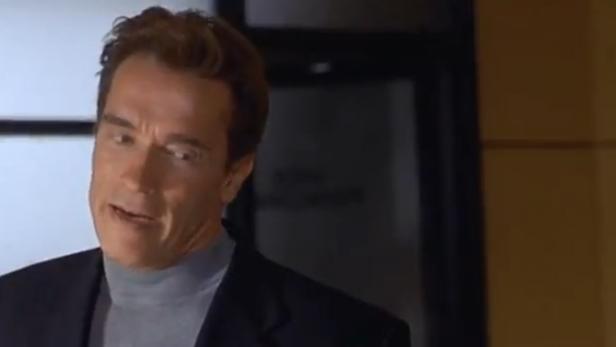 Arnold Schwarzenegger in einem grauen Rollkragenpullover und einem dunklen Sakko.