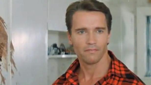 Arnold Schwarzenegger trägt ein rot-schwarzes Hemd.