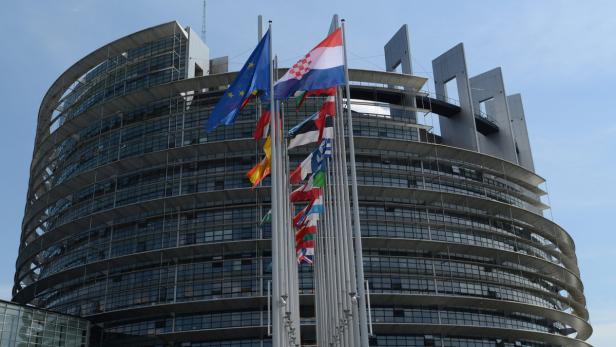 Das Europäische Parlament in Straßburg mit den Flaggen der Mitgliedsstaaten davor.