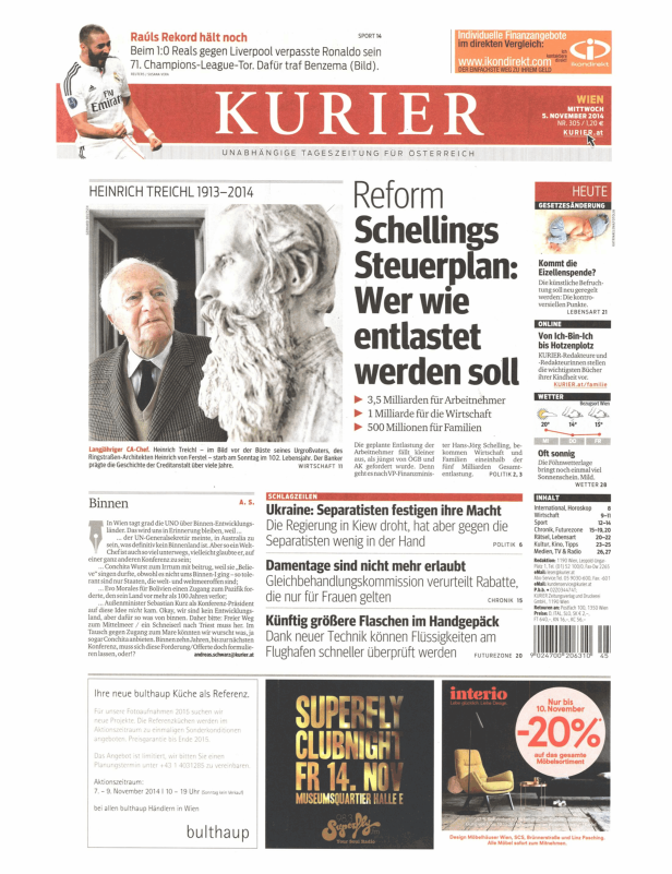 Titelseite der Zeitung „Kurier“ vom 5. November 2014 mit verschiedenen Artikeln.