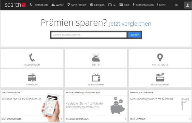 Die Startseite von search.ch mit Suchleiste und Links zu Telefonbuch, Wetter, Karte, Fahrplan, TV und Kino.