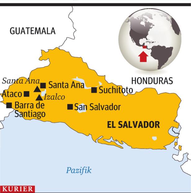 Eine Karte von El Salvador, das zwischen Guatemala und Honduras liegt.