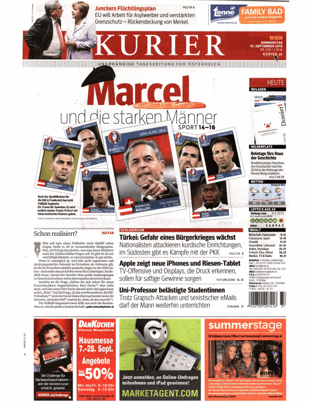 Titelseite des Kurier vom 10. September 2015 mit Fokus auf Fußball und Innenpolitik.