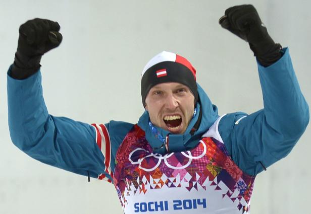 Ein jubelnder österreichischer Athlet bei den Olympischen Winterspielen 2014 in Sotschi.