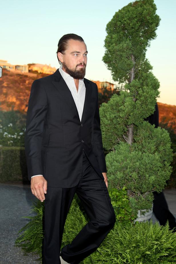 Leonardo DiCaprio in einem schwarzen Anzug posiert vor einem grünen Busch.