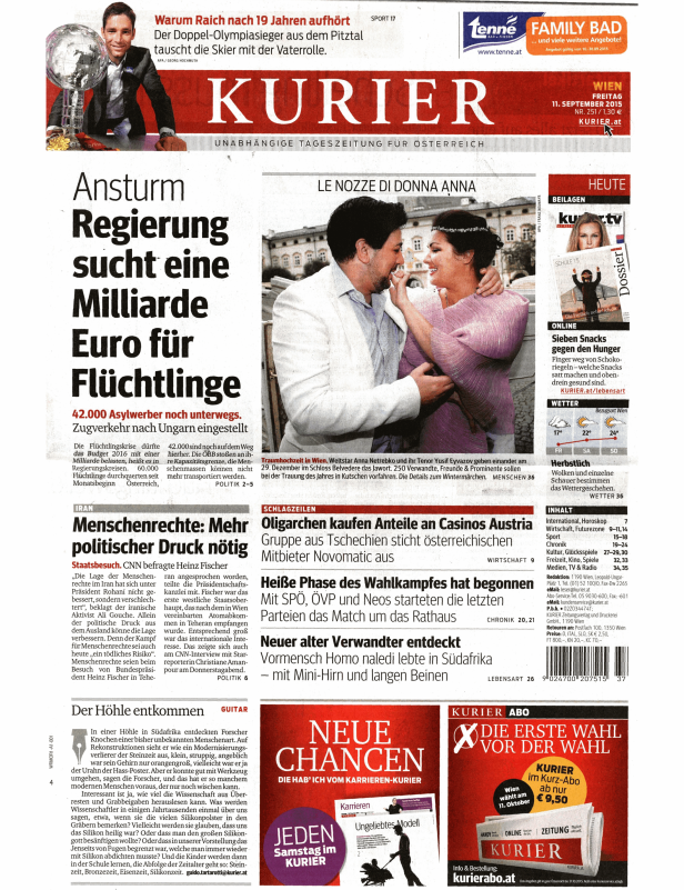 Titelseite des Kurier vom 11. September 2015 mit verschiedenen Artikeln.