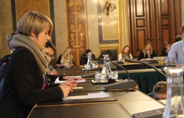 Personen sitzen an Tischen mit Mikrofonen in einem formellen Raum.