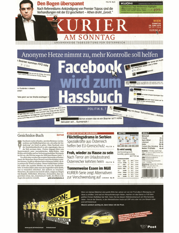 Titelseite des „Kurier am Sonntag“ vom 28. Juni 2015 mit Artikeln über Facebook, Flüchtlinge und Essen im Müll.