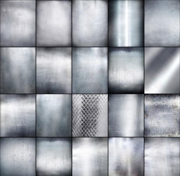 Eine Sammlung von Texturen aus gebürstetem Metall in verschiedenen Ausführungen.