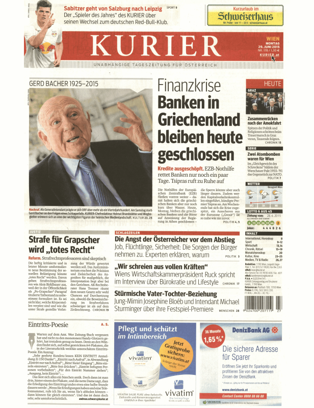 Titelseite des Kurier vom 29. Juni 2015 mit Schlagzeilen zu Griechenland und Gerd Bacher.