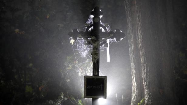 Ein Kreuz mit der Aufschrift „Namenlos“ steht nachts im Wald, bedeckt mit Spinnweben.