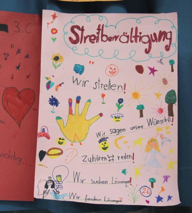 Ein Kinderposter zum Thema „Streitbewältigung“ mit bunten Zeichnungen und Slogans.