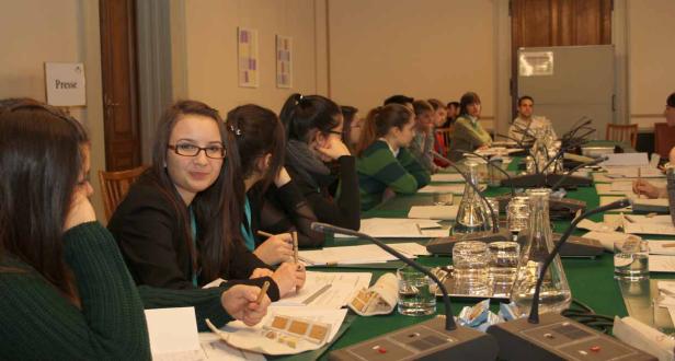 Eine Gruppe von Menschen sitzt an einem langen Tisch mit Mikrofonen und Papieren.