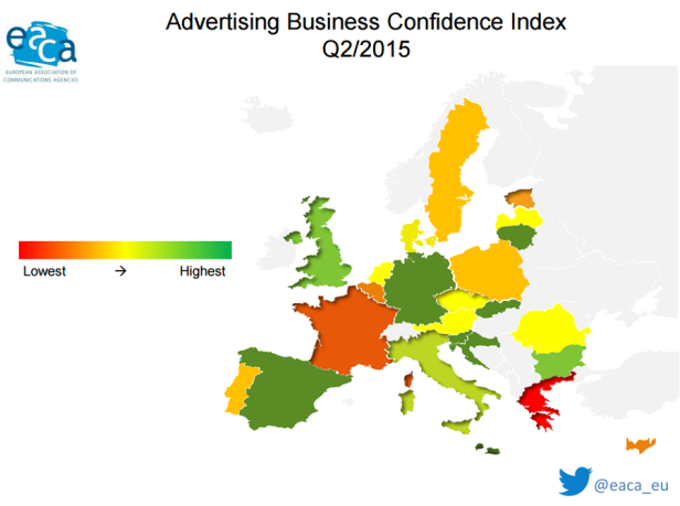 EACA Werbeklima-Index Europa - Grafik 1 Eine Karte Europas, die den Werbevertrauensindex für das zweite Quartal 2015 zeigt.