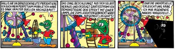 Ein grünes Alien präsentiert in einem Comic-Strip sein Perpetuum Mobile, das angeblich kostenlosen Strom erzeugt.
