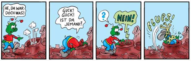 Ein Comic zeigt einen grünen Außerirdischen, der einen Wurm aus einem Loch scheucht.