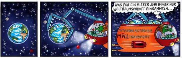 Ein Comic zeigt einen intergalaktischen Mülltransporter, der Weltraumschrott einsammelt.