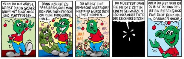 Ein Comicstrip zeigt einen grünen Gnom mit Rüsselnase in verschiedenen humorvollen Situationen.
