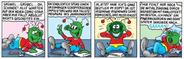 Ein grünes Comic-Alien hat eine Schreibblockade, findet dann eine Idee und beschließt, ein Nickerchen zu machen.