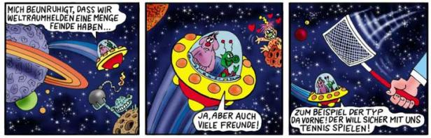Comicstrip zeigt Aliens im Weltraum, die über Freunde und Feinde und Tennisspielen diskutieren.