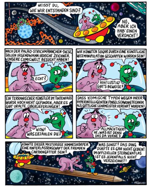Comic-Szene mit zwei Cartoon-Figuren, die über ihre Herkunft diskutieren, gezeichnet von Habecko.