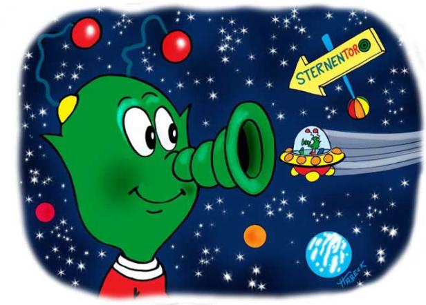 Ein grünes Alien blickt durch ein Teleskop auf ein fliegendes UFO im Weltraum.