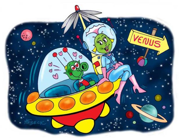 Ein grünes Alienpaar fliegt in einem Raumschiff in Richtung Venus.