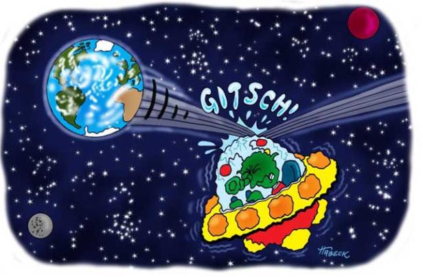 Ein Alien in einem Raumschiff kollidiert mit einem unsichtbaren Objekt nahe der Erde.