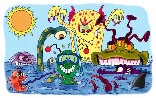 Eine Gruppe cartoonartiger Monster tummelt sich in einem Gewässer unter einer gelben Sonne.