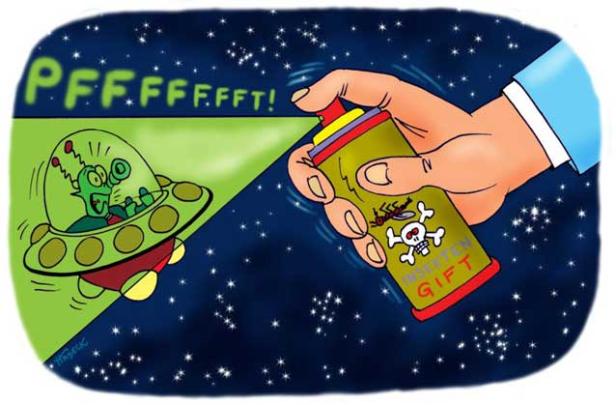 Ein Alien in einem Raumschiff wird mit Insektenspray besprüht.