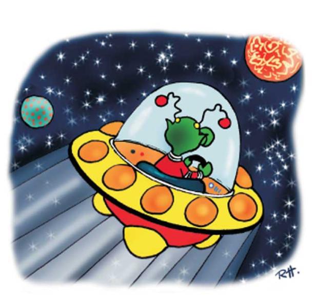 Ein grünes Alien fliegt in einem gelben Ufo durch den Weltraum.